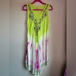 Seven Islands Green & Fuchsia Batik Tie Dyed Embroidered Gauze Coverup Dress O/S